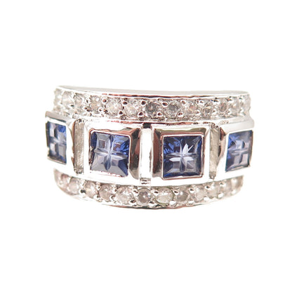 925 Sterling Silver Blue Princess & White Round-Cut C Z Ring Size 6
