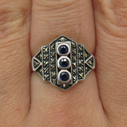 925 Sterling Silver Vintage Real Sapphire & Marcasite Gemstone Ring Size 7.25