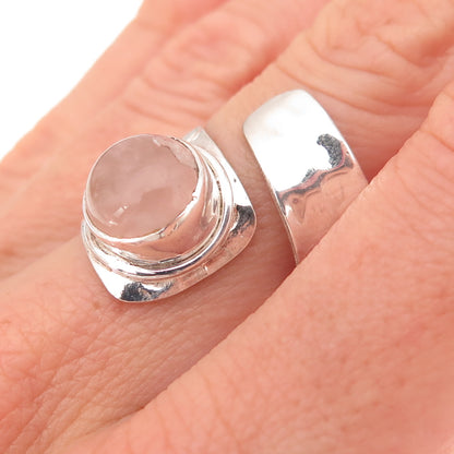 925 Sterling Silver Vintage Real Rose Quartz Modernist Adjustable Ring Size 7.25
