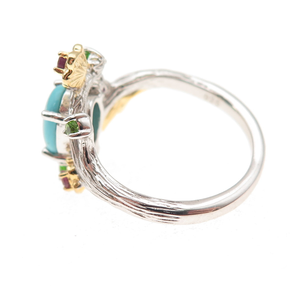 925 Sterling Silver 2-Tone Real Turquoise Amethyst & Peridot Floral Ring Size 8