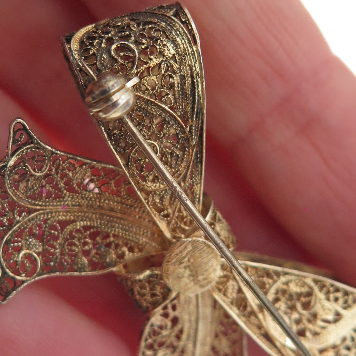 925 Sterling Silver Gold Plated Antique Art Deco Enamel Bow Filigree Pin Brooch