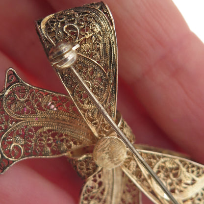 925 Sterling Silver Gold Plated Antique Art Deco Enamel Bow Filigree Pin Brooch