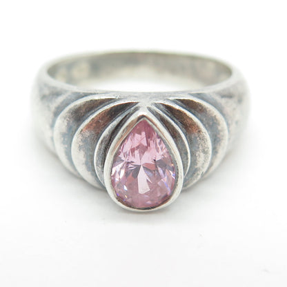 925 Sterling Silver Vintage Pear-Cut Pink C Z Modernist Ring Size 7.25