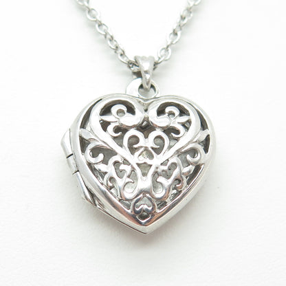 925 Sterling Silver Ornate Heart Locket Pendant Cable Chain Necklace 18"