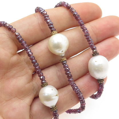 925 Sterling Silver Real Baroque Pearl & Amethyst Long Bead Chain Necklace 72"