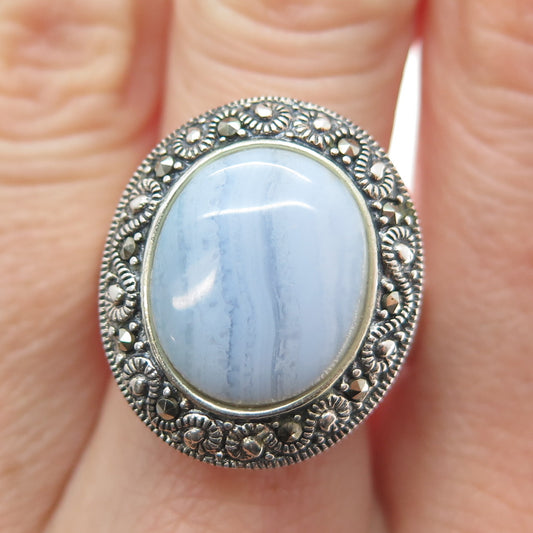 925 Sterling Silver Vintage Real Blue Lace Agate & Marcasite Ring Size 8.25
