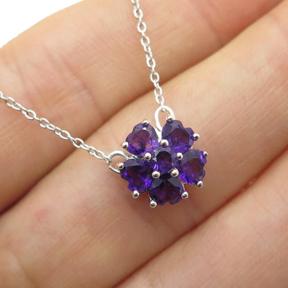 925 Sterling Silver Real Round & Heart-Cut Amethyst Floral Chain Necklace 18"