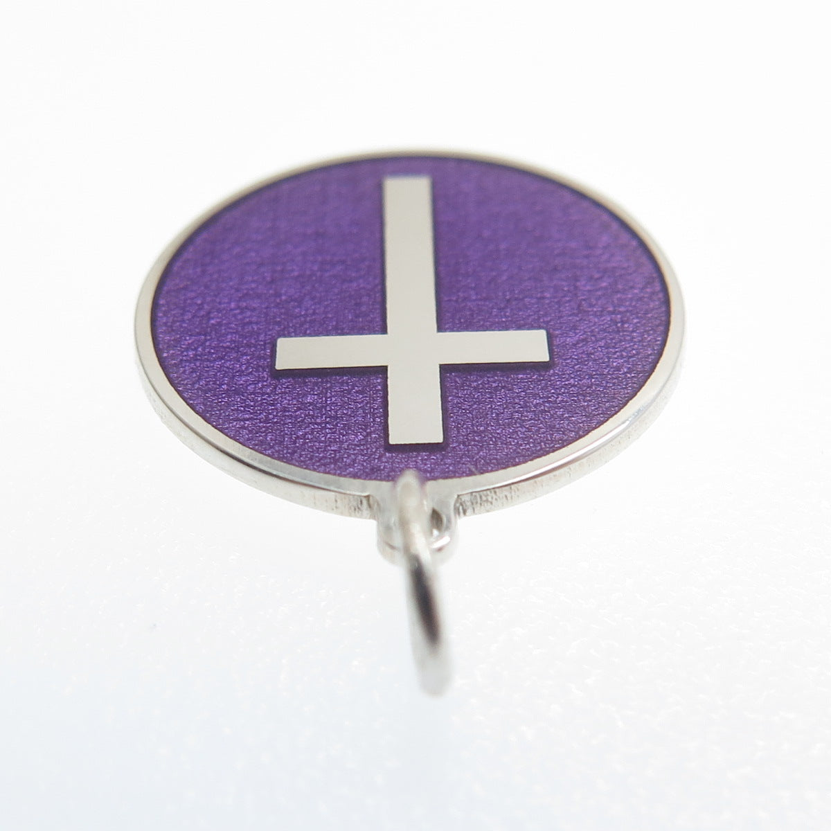 925 Sterling Silver Purple Enamel Cross Round Tag Minimalist Charm Pendant