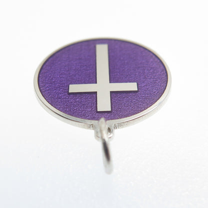 925 Sterling Silver Purple Enamel Cross Round Tag Minimalist Charm Pendant