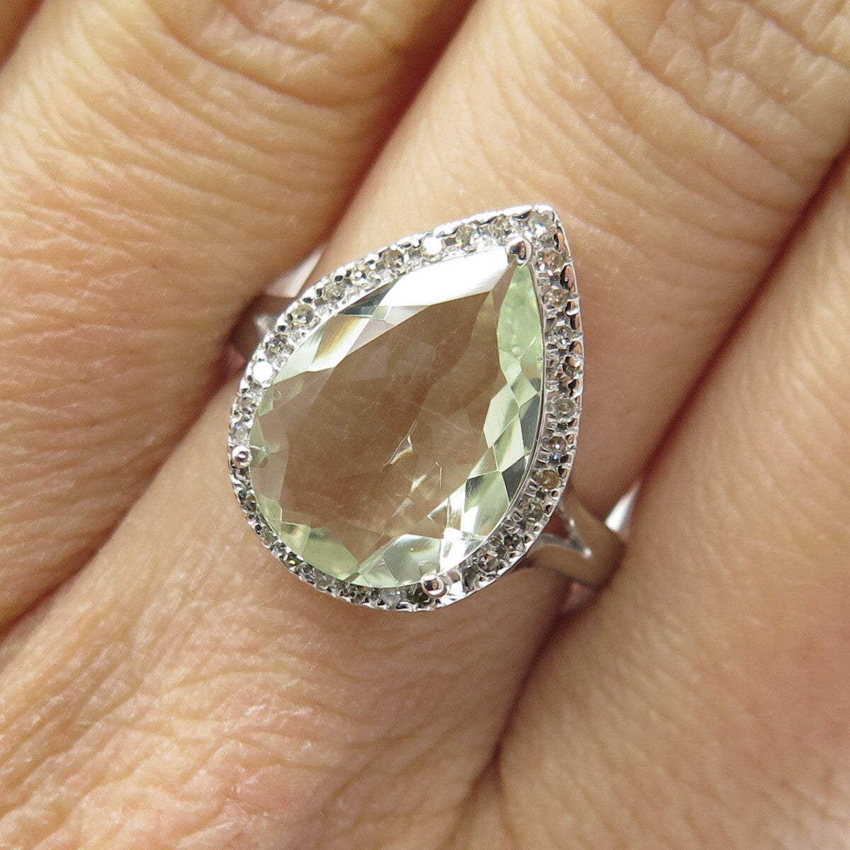 DSMK 925 Sterling Silver Diamond & Pear-Cut Green Amethyst Gem Ring Size 7.25