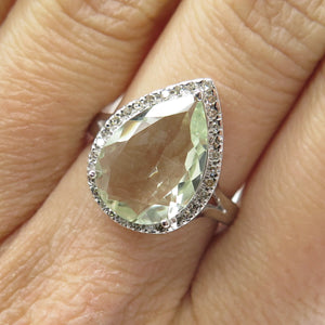 DSMK 925 Sterling Silver Diamond & Pear-Cut Green Amethyst Gem Ring Size 7.25