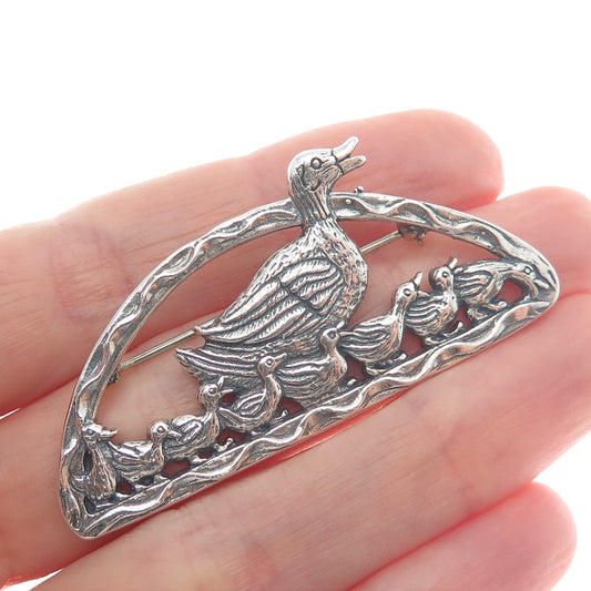 HAND & HAMMER de Matteo 925 Sterling Silver Vintage Duck Family Oxidized Brooch