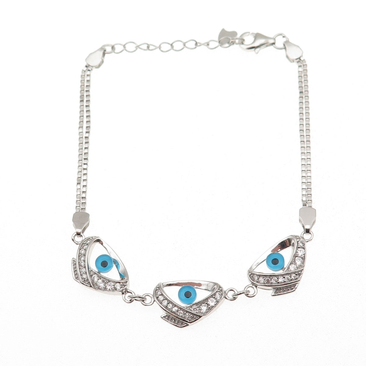 925 Sterling Silver Round-Cut C Z Evil's Eye Double Box Link Bracelet 7-8"