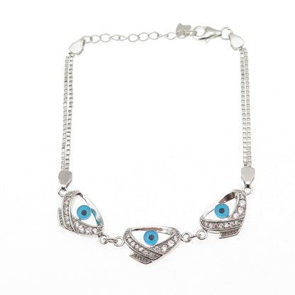 925 Sterling Silver Round-Cut C Z Evil's Eye Double Box Link Bracelet 7-8"