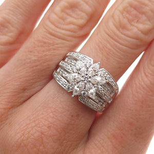 925 Sterling Silver Marquise & Round-Cut C Z Floral Ring Size 7