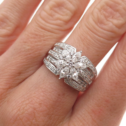 925 Sterling Silver Marquise & Round-Cut C Z Floral Ring Size 7