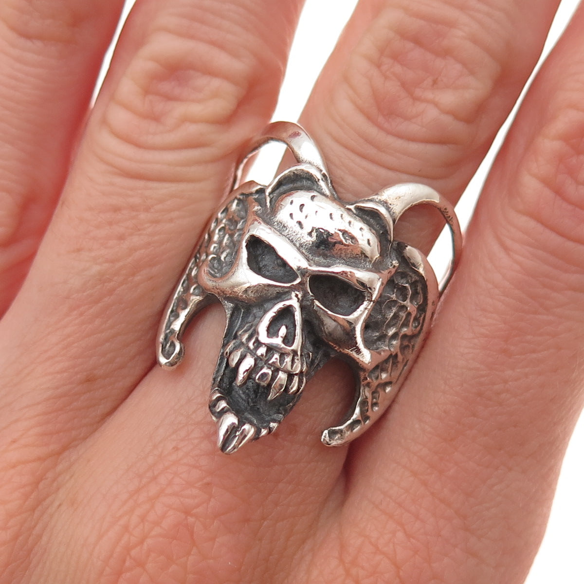 925 Sterling Silver Vintage Demon Skull Oxidized Ring Size 11