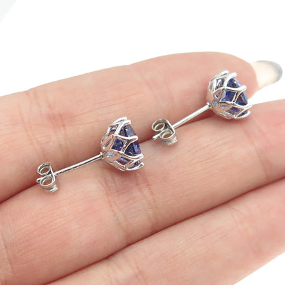 925 Sterling Silver Round-Cut Blue C Z Crown Stud Earrings