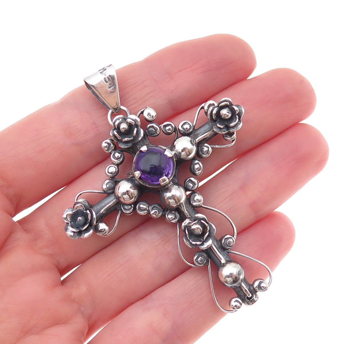 Los Ballesteros 925 Sterling Silver Vintage Mexico Real Amethyst Cross Pendant