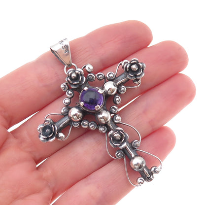 Los Ballesteros 925 Sterling Silver Vintage Mexico Real Amethyst Cross Pendant