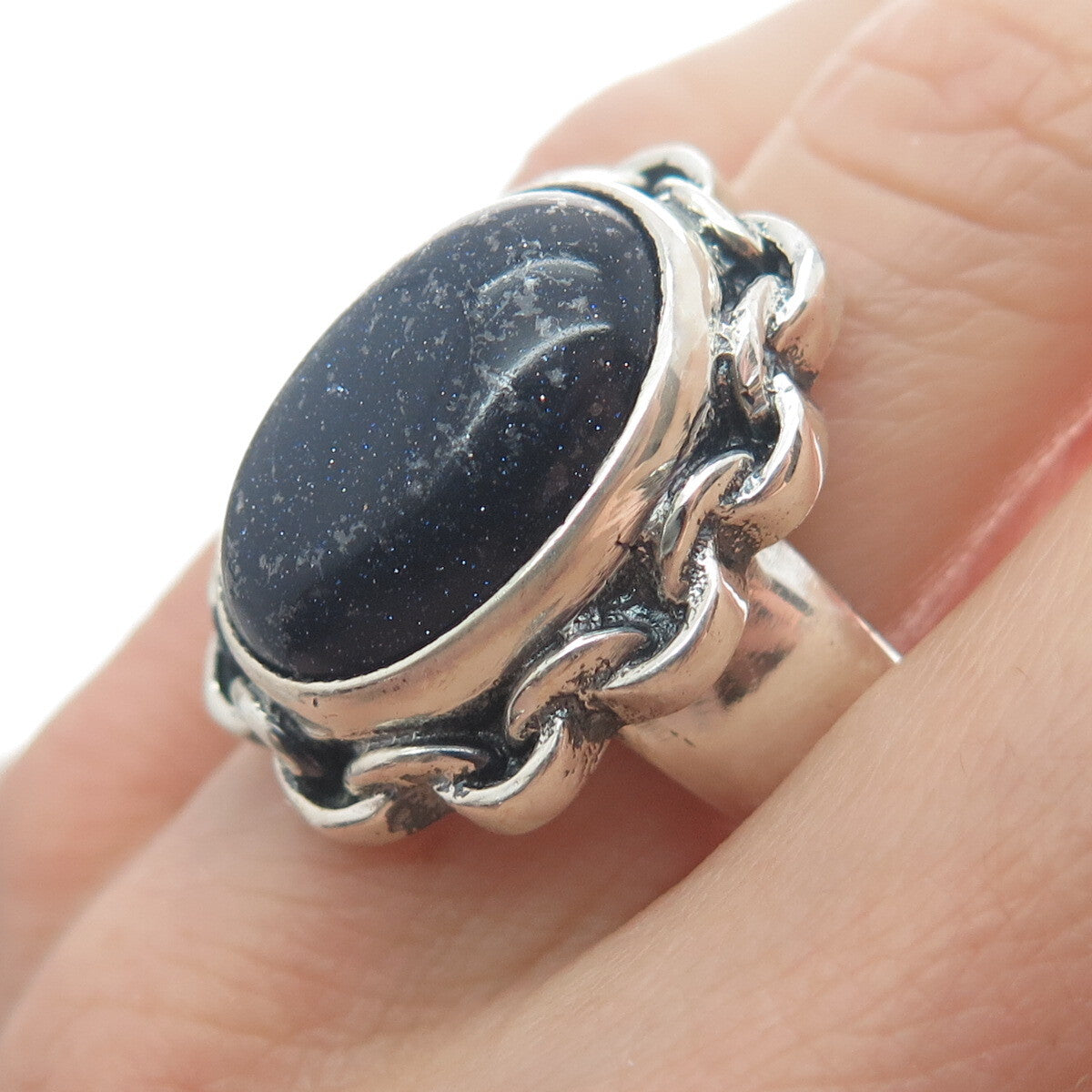 925 Sterling Silver Vintage Real Blue Sunstone Chain Link Oxidized Ring Size 8.5