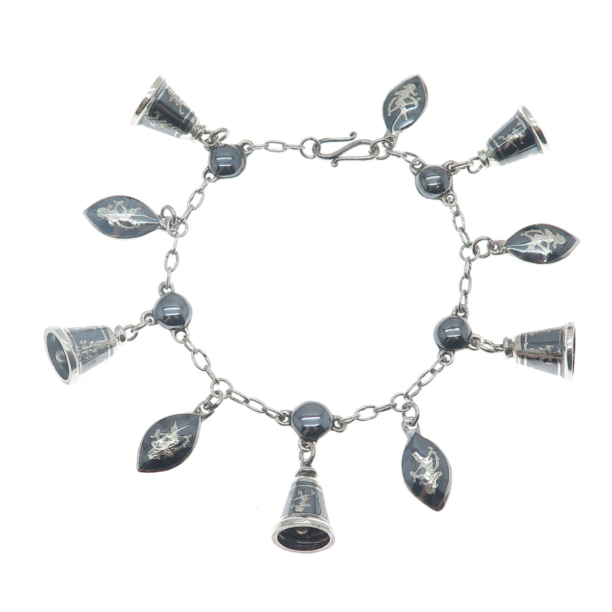 925 Sterling Silver Antique Siam Niello Hindu Goddess Bell Charm Bracelet 6.5"