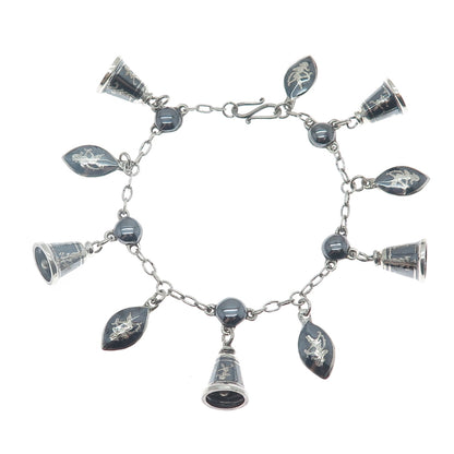 925 Sterling Silver Antique Siam Niello Hindu Goddess Bell Charm Bracelet 6.5"