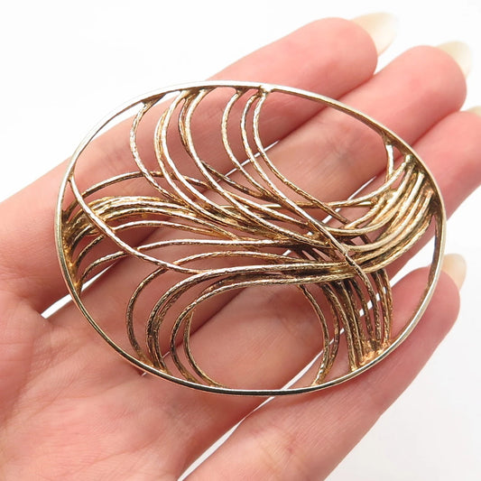 925 Sterling Silver Gold Plated Vintage Oval Modernist Pin Brooch