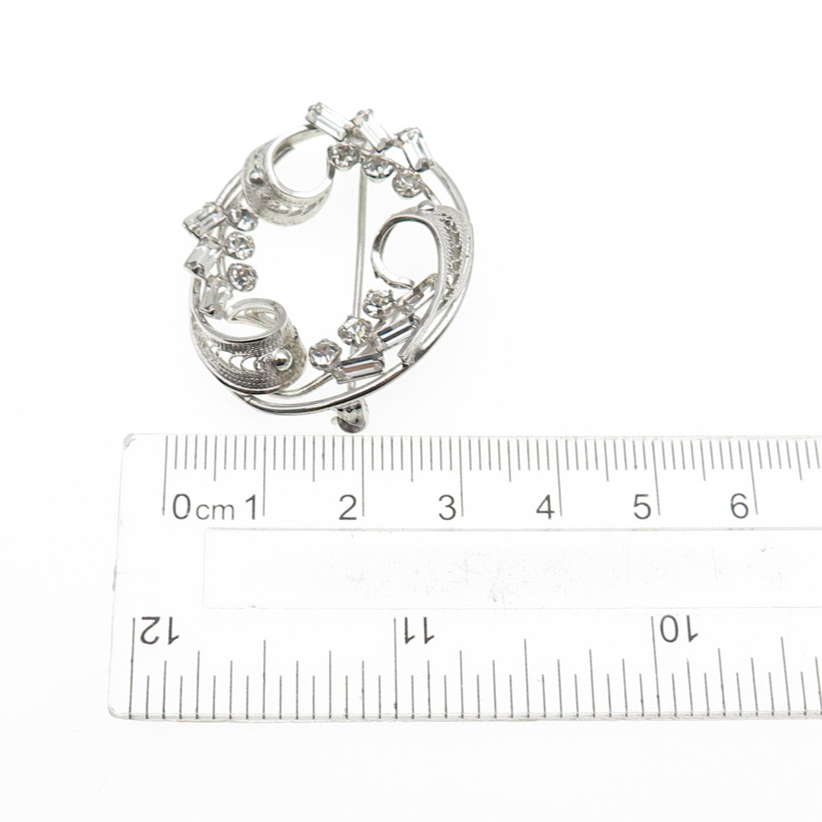 CARL ART Sterling Silver Antique Art Deco Rhinestone Floral Filigree Pin Brooch