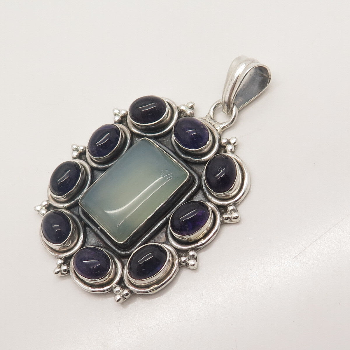 925 Sterling Silver Vintage Real Amethyst & Blue Chalcedony Gem Beaded Pendant