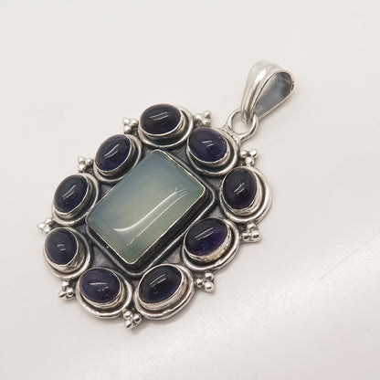 925 Sterling Silver Vintage Real Amethyst & Blue Chalcedony Gem Beaded Pendant