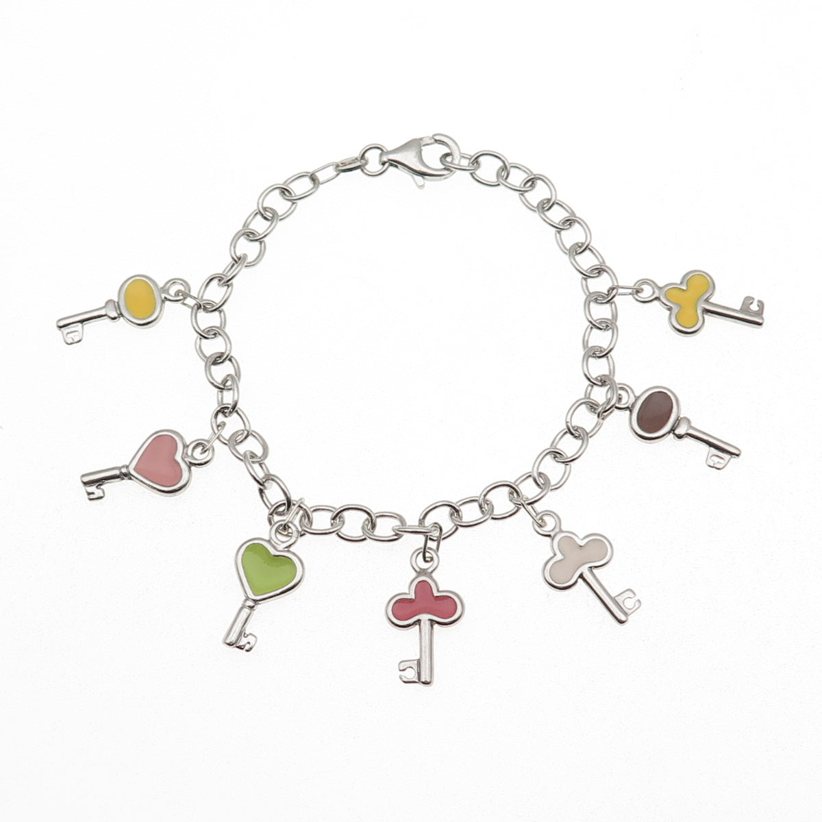 925 Sterling Silver Enamel Hearts & Clubs Key Dangle Charm Bracelet 7"
