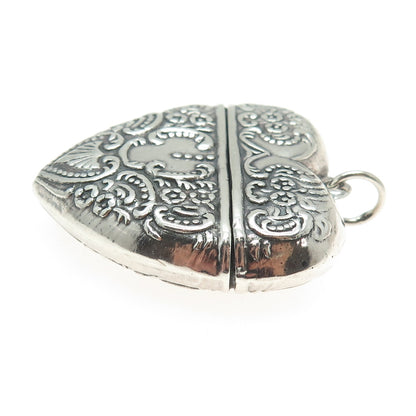 925 Sterling Silver Vintage Repousse Oxidized Heart Box Pendant