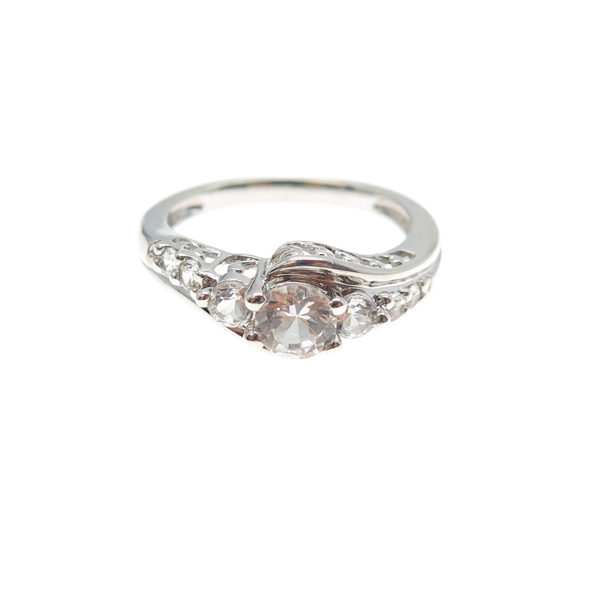 SUN 925 Sterling Silver Real Round-Cut White Topaz Engagement Ring Size 6.75