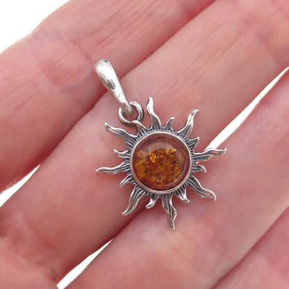 925 Sterling Silver Vintage Poland Real Amber Sun Oxidized Charm Pendant