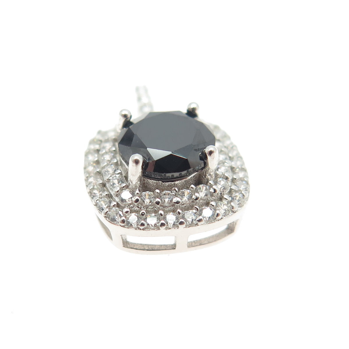 HAN925 Sterling Silver Real Black Spinel Gemstone & C Z Pendant