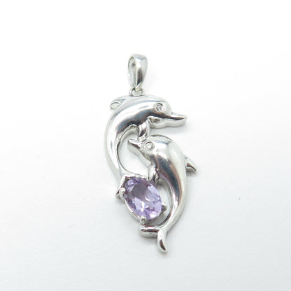925 Sterling Silver Real Round-Cut Diamond & Amethyst Friendly Dolphin Pendant