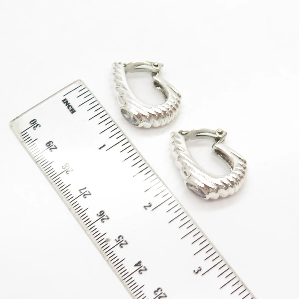 925 Sterling Silver Vintage C Z Textured Hoop Earrings