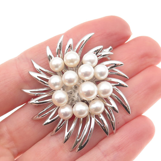 925 Sterling Silver Antique Art Deco Real Akoya Pearl Floral Pin Brooch