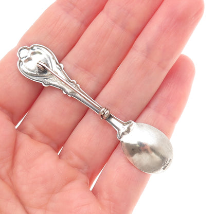 Beau 925 Sterling Silver Antique Art Deco Florida Salt & Spices Spoon Pin Brooch