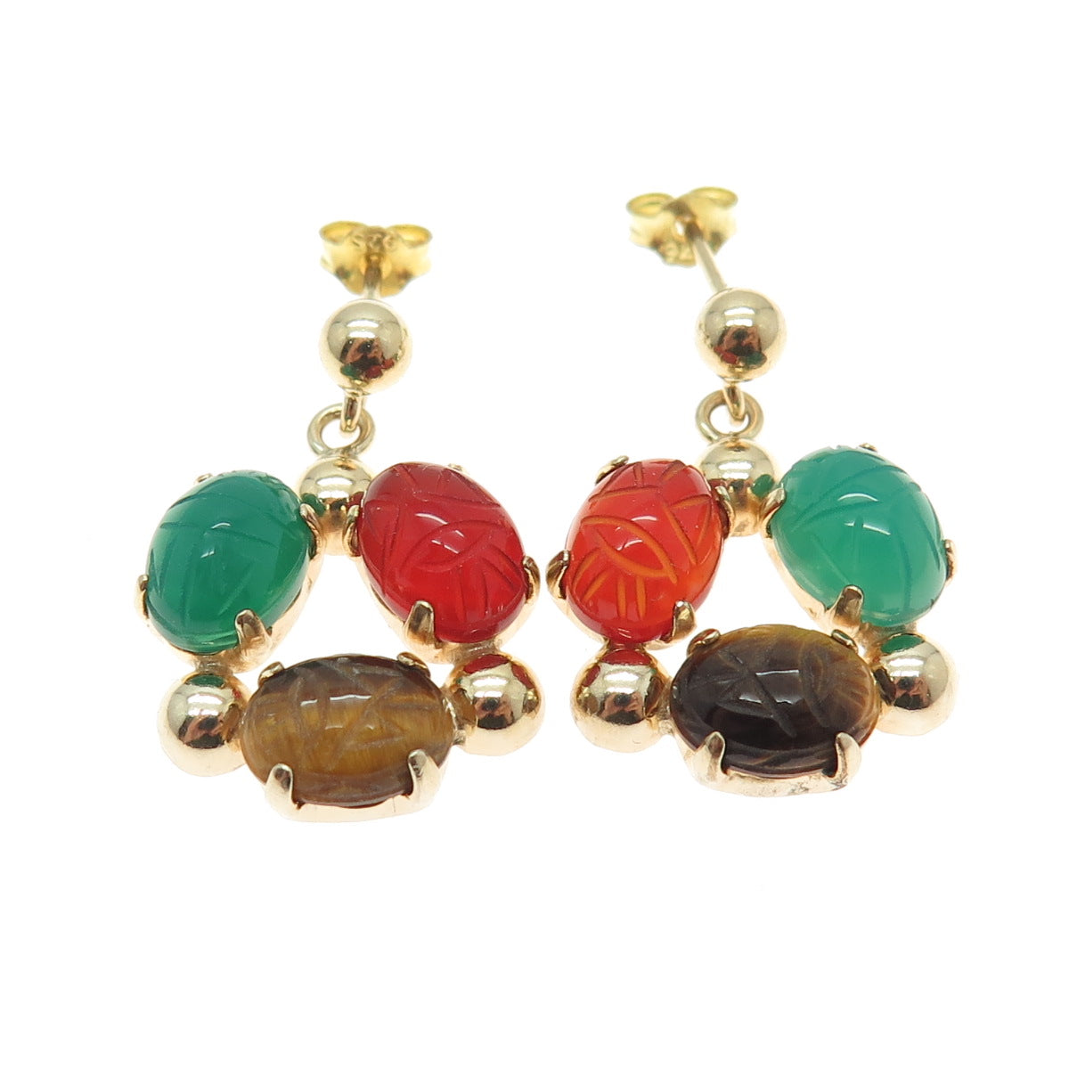 Gold Filled Vintage Real Chalcedony Tiger Eye & Carnelian Gemstone Earrings