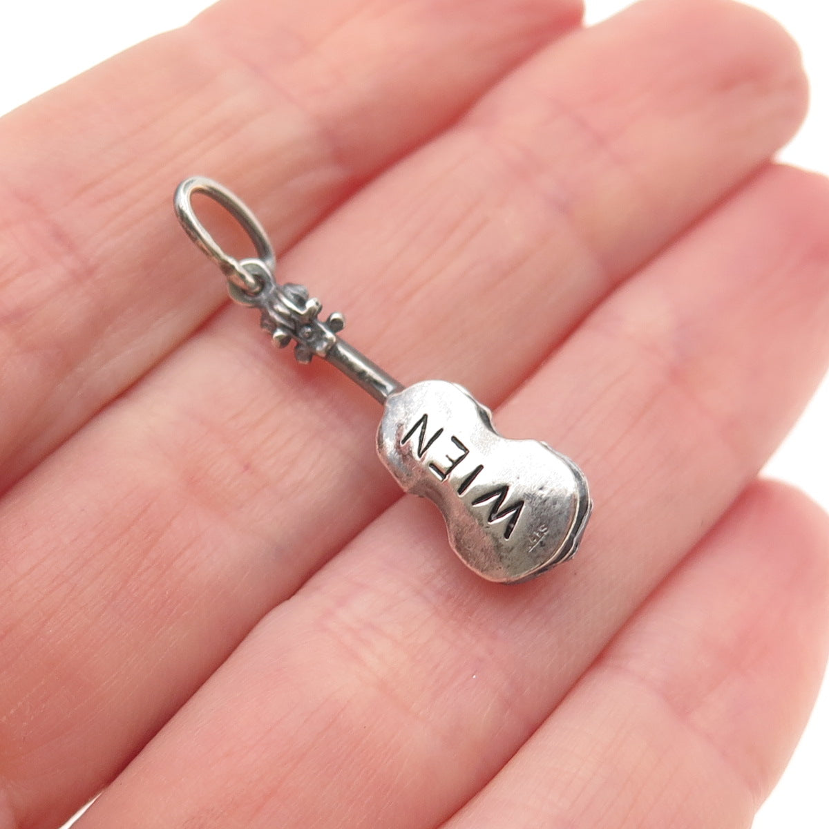 925 Sterling Silver Vintage Wien Violin Oxidized 3D Mini Charm Pendant