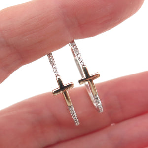 Sun 925 Sterling Silver 10K Gold Real Round-Cut Diamond Cross Hoop Earrings