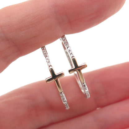 Sun 925 Sterling Silver 10K Gold Real Round-Cut Diamond Cross Hoop Earrings