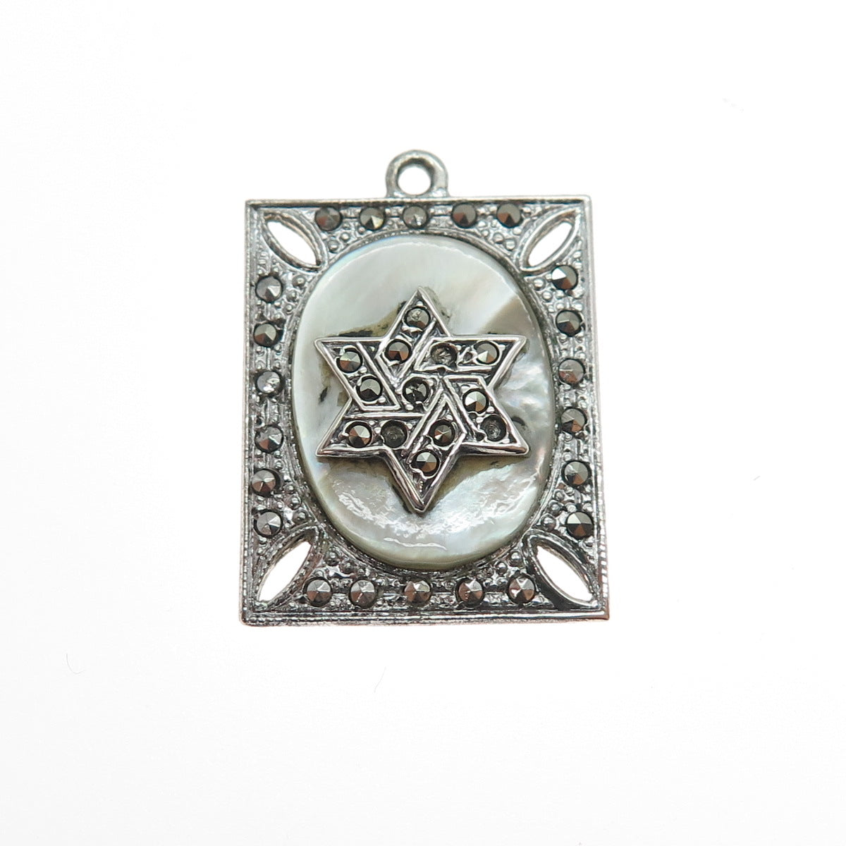 925 Sterling Antique Real MOP Marcasite Star of David Pendant (missing 3 stones)