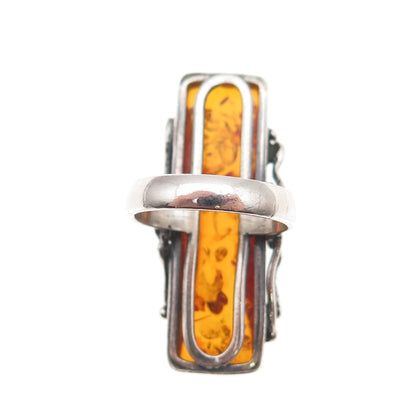 925 Sterling Silver Vintage Real Amber Modernist Oxidized Ring Size 6.5