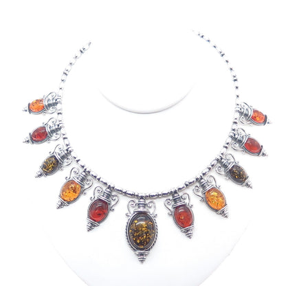 VALERIO V-8 Sterling Silver Vintage Poland Amber Modernist Chain Necklace 16"