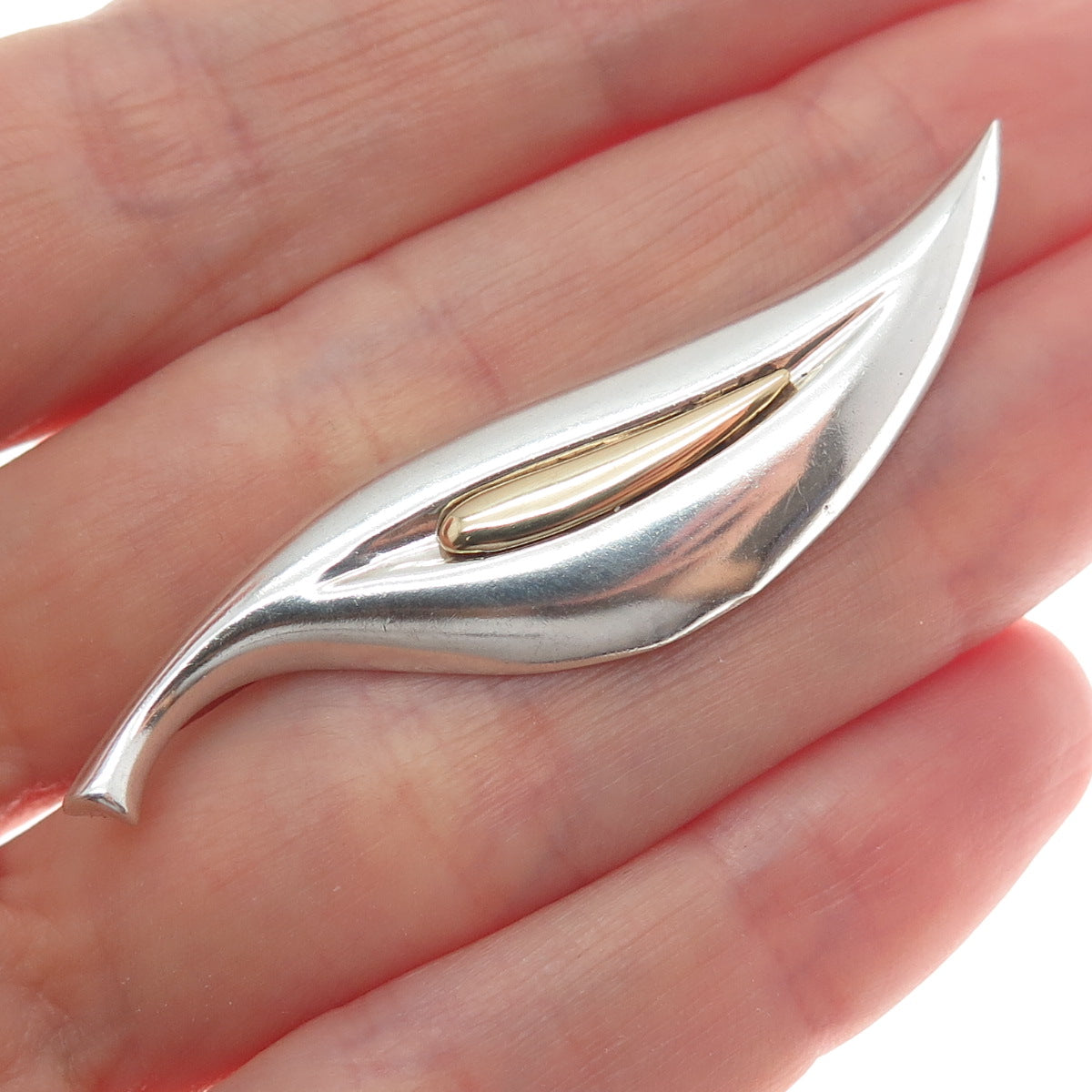 14K Yellow Gold & 925 Sterling Silver Vintage Modernist Petal Pin Brooch