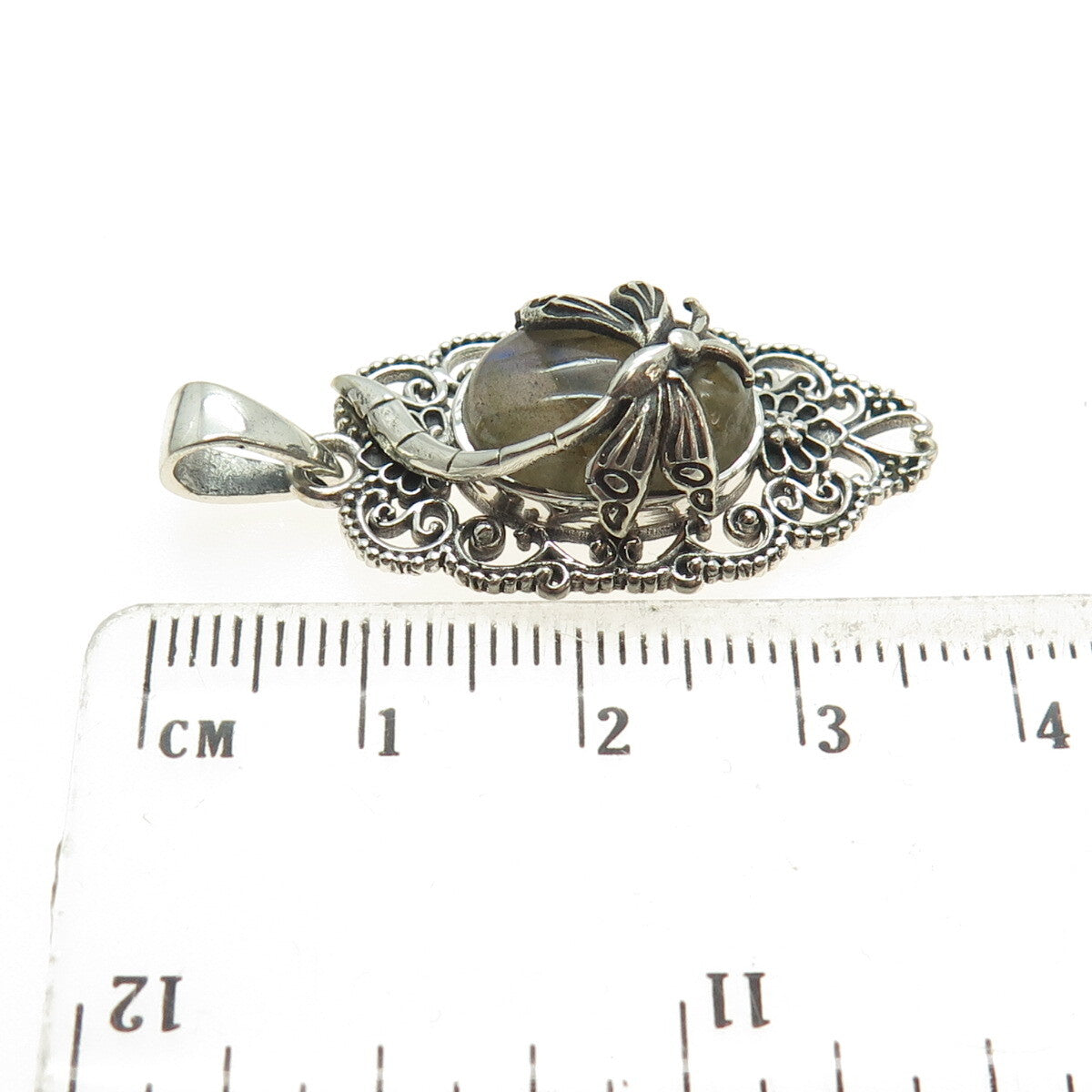 925 Sterling Silver Vintage Real Labradorite Dragonfly Oxidized Pendant