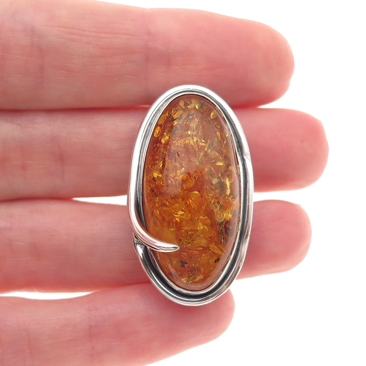 925 Sterling Silver Vintage Poland Real Amber Modernist Oxidized Ring Size 6.5